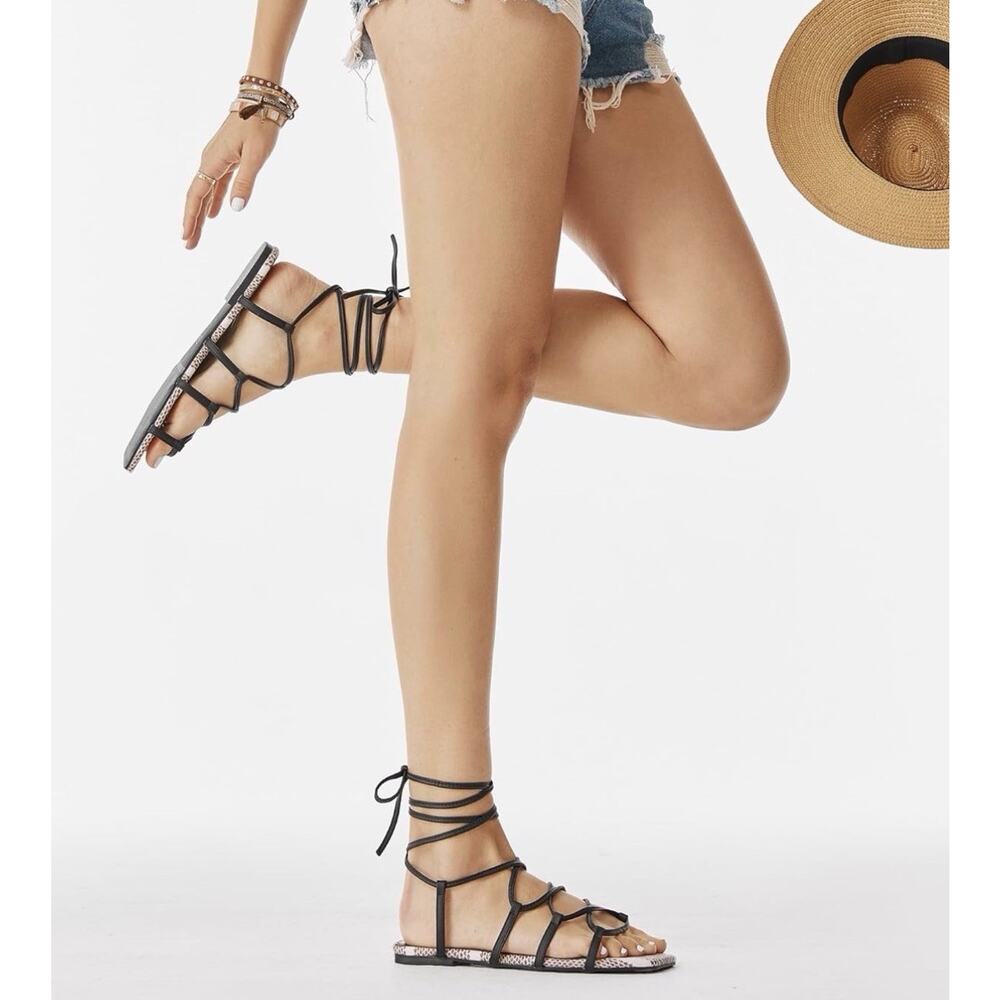 PiePieBuy Womens LaceUp Square toe Flat Sandals Gladiator Snake 7.5